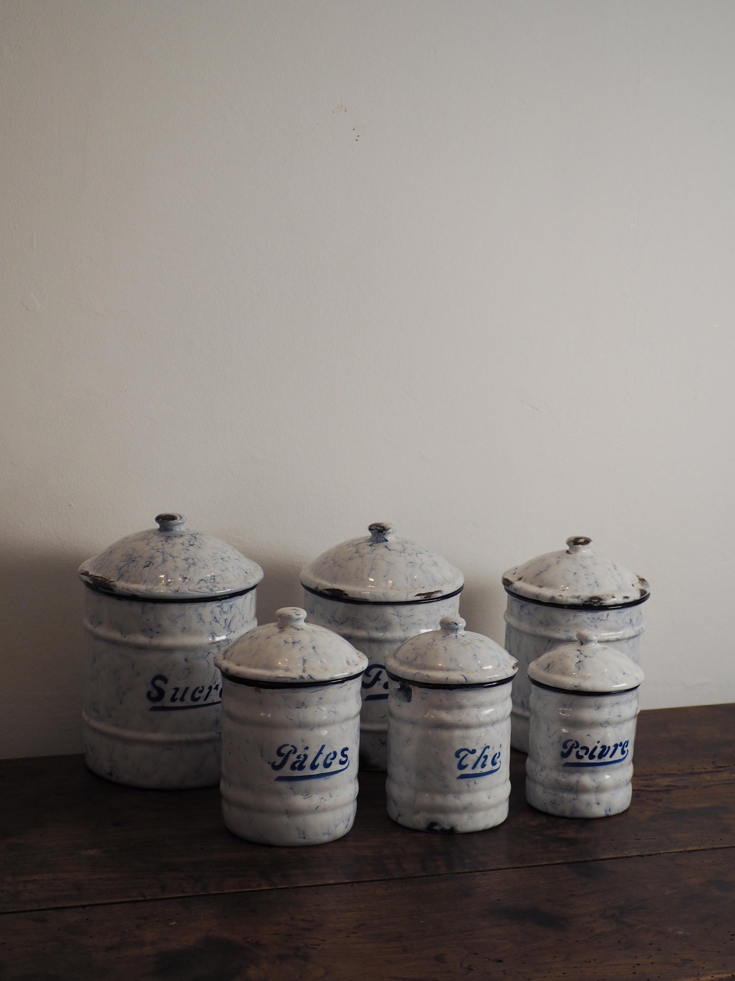 Enamel French Vintage Kitchen Canister Set / Storage Jars / French Cafe Sucre Farine Containers (Set of 6)