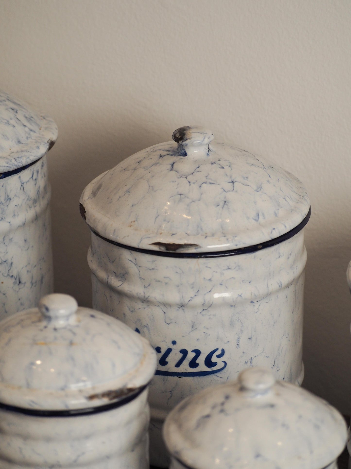 Enamel French Vintage Kitchen Canister Set / Storage Jars / French Cafe Sucre Farine Containers (Set of 6)