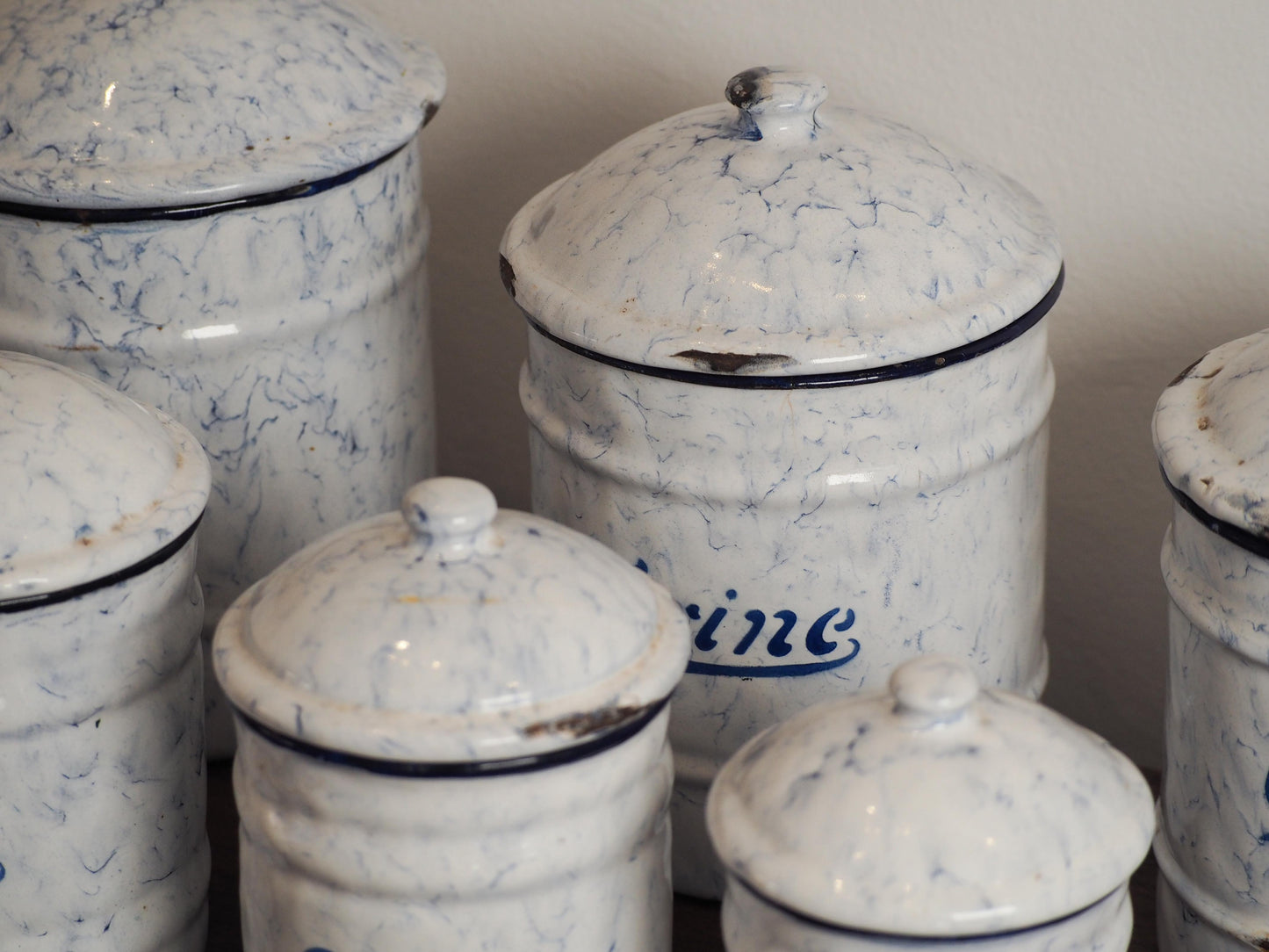 Enamel French Vintage Kitchen Canister Set / Storage Jars / French Cafe Sucre Farine Containers (Set of 6)