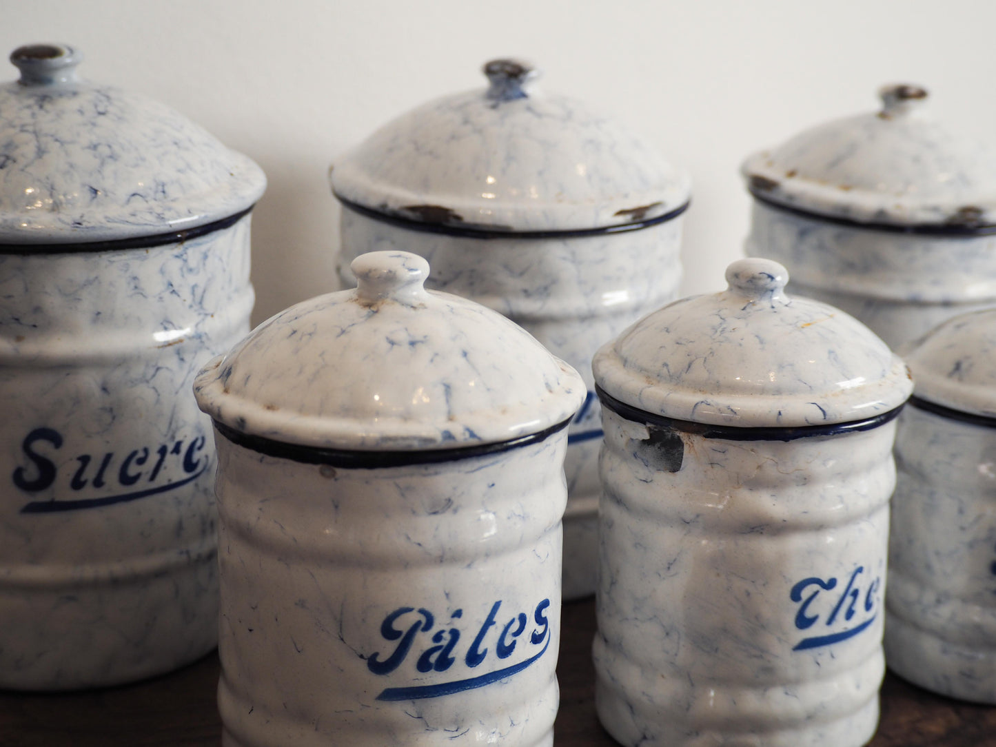 Enamel French Vintage Kitchen Canister Set / Storage Jars / French Cafe Sucre Farine Containers (Set of 6)