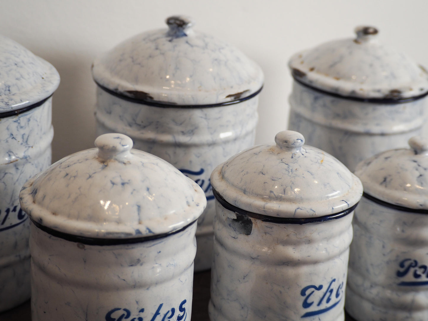 Enamel French Vintage Kitchen Canister Set / Storage Jars / French Cafe Sucre Farine Containers (Set of 6)