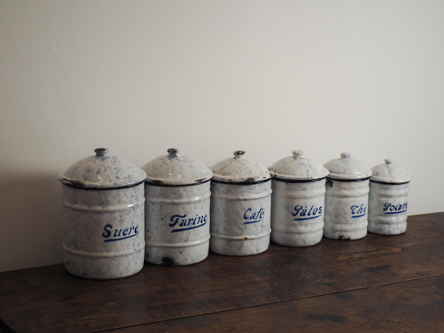 Enamel French Vintage Kitchen Canister Set / Storage Jars / French Cafe Sucre Farine Containers (Set of 6)