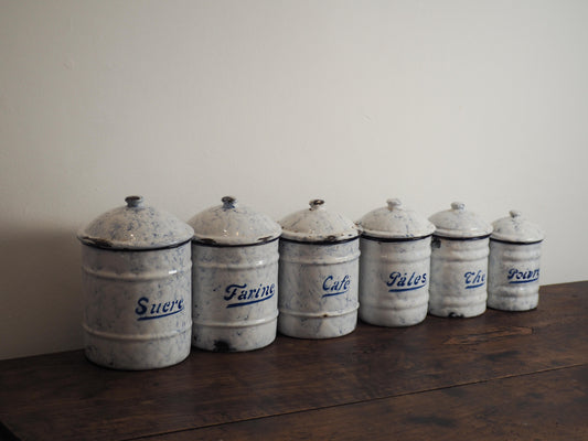 Enamel French Vintage Kitchen Canister Set / Storage Jars / French Cafe Sucre Farine Containers (Set of 6)
