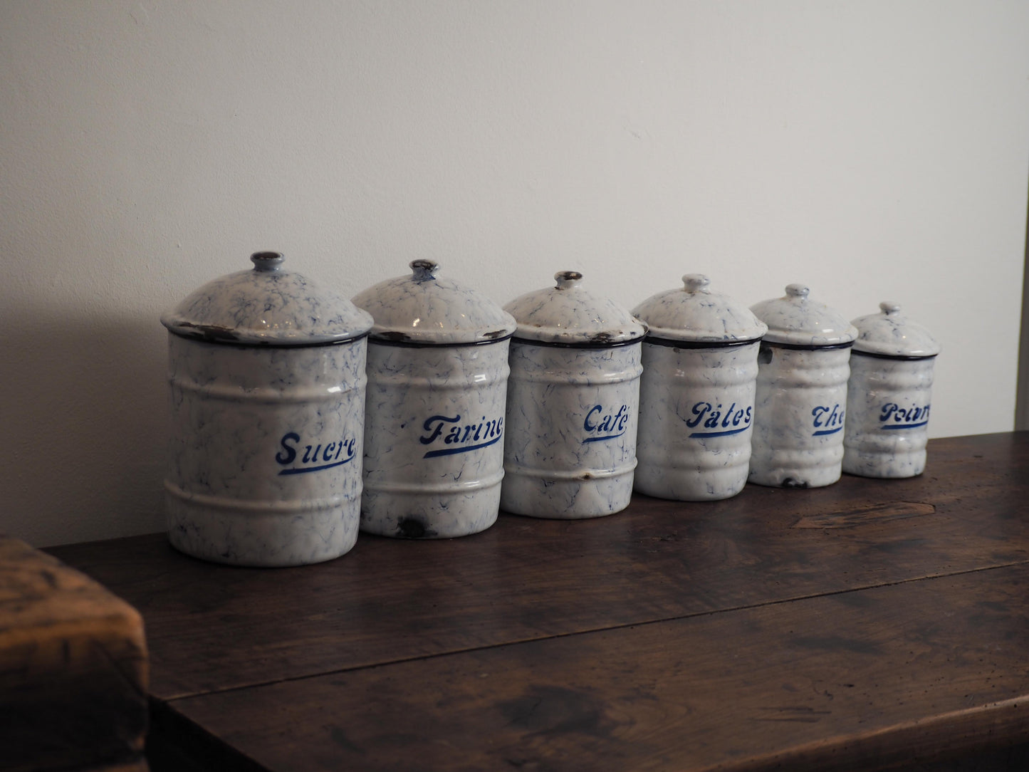 Enamel French Vintage Kitchen Canister Set / Storage Jars / French Cafe Sucre Farine Containers (Set of 6)
