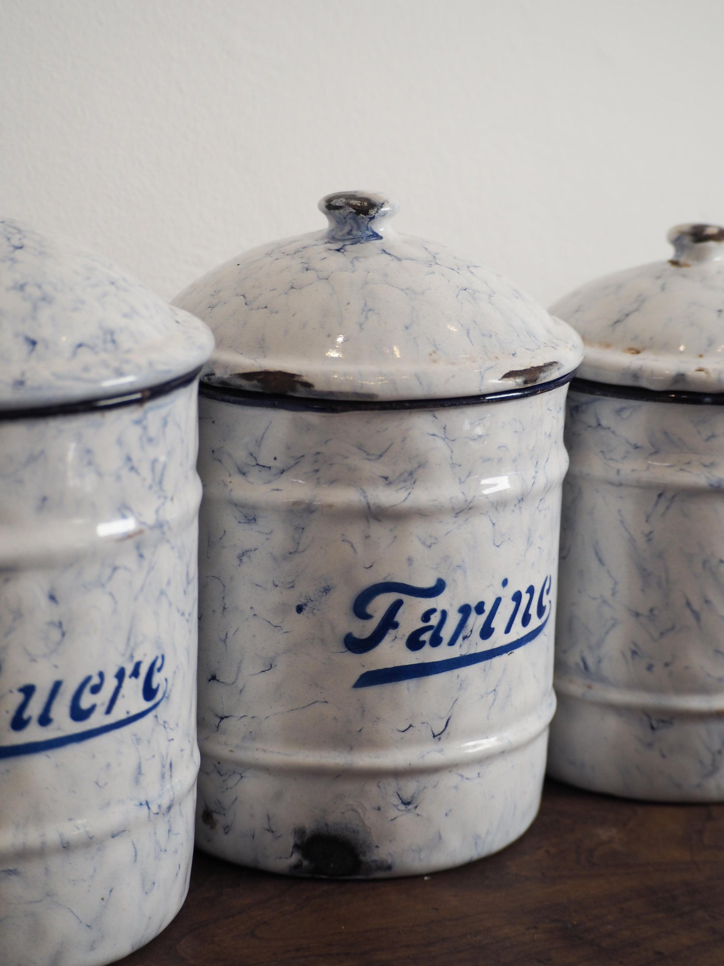 Enamel French Vintage Kitchen Canister Set / Storage Jars / French Cafe Sucre Farine Containers (Set of 6)