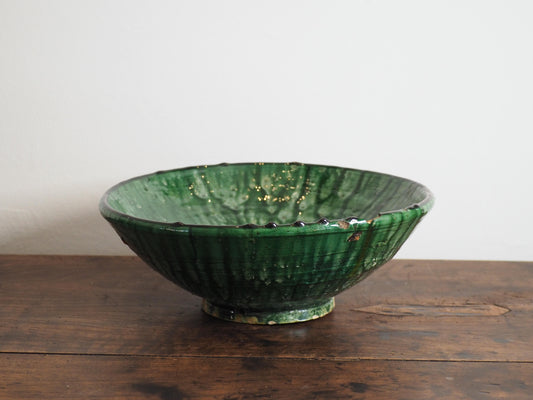 Antique Vintage Moroccan Fruit Bowl / Glazed Vibrant Green Terracotta Decorative Bowl