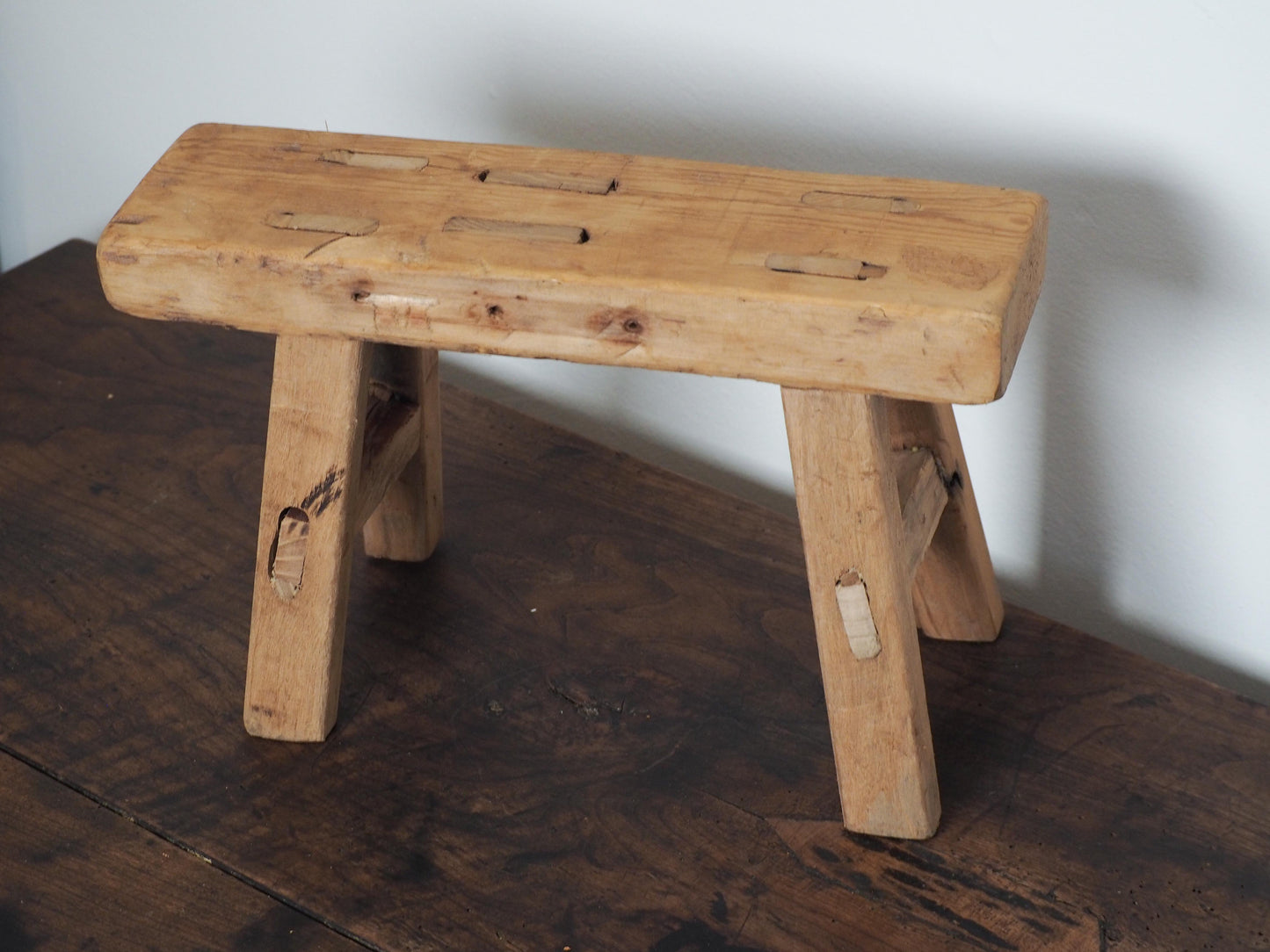 Antique Vintage Small Elm Rustic Wooden Farmhouse Stool / Milking Stool