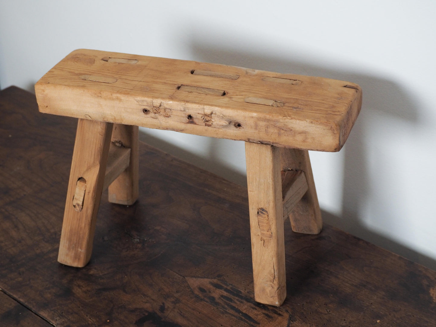 Antique Vintage Small Elm Rustic Wooden Farmhouse Stool / Milking Stool