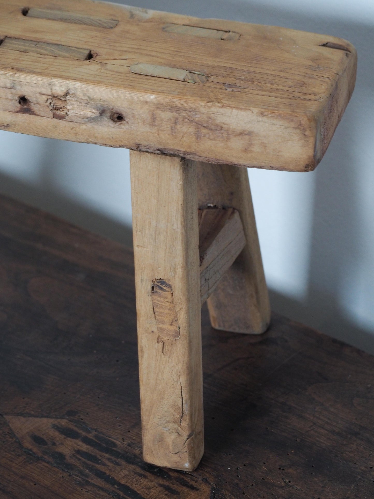 Antique Vintage Small Elm Rustic Wooden Farmhouse Stool / Milking Stool