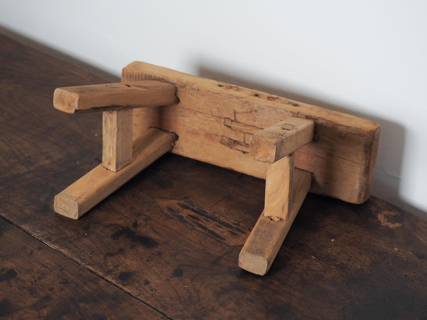 Antique Vintage Small Elm Rustic Wooden Farmhouse Stool / Milking Stool