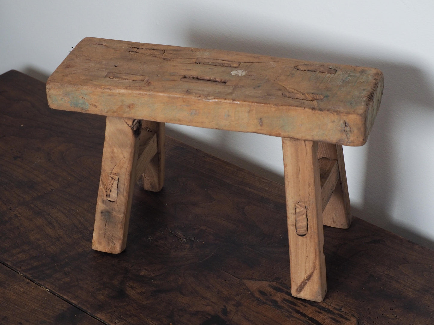 Antique Vintage Small Elm Rustic Wooden Farmhouse Stool / Milking Stool