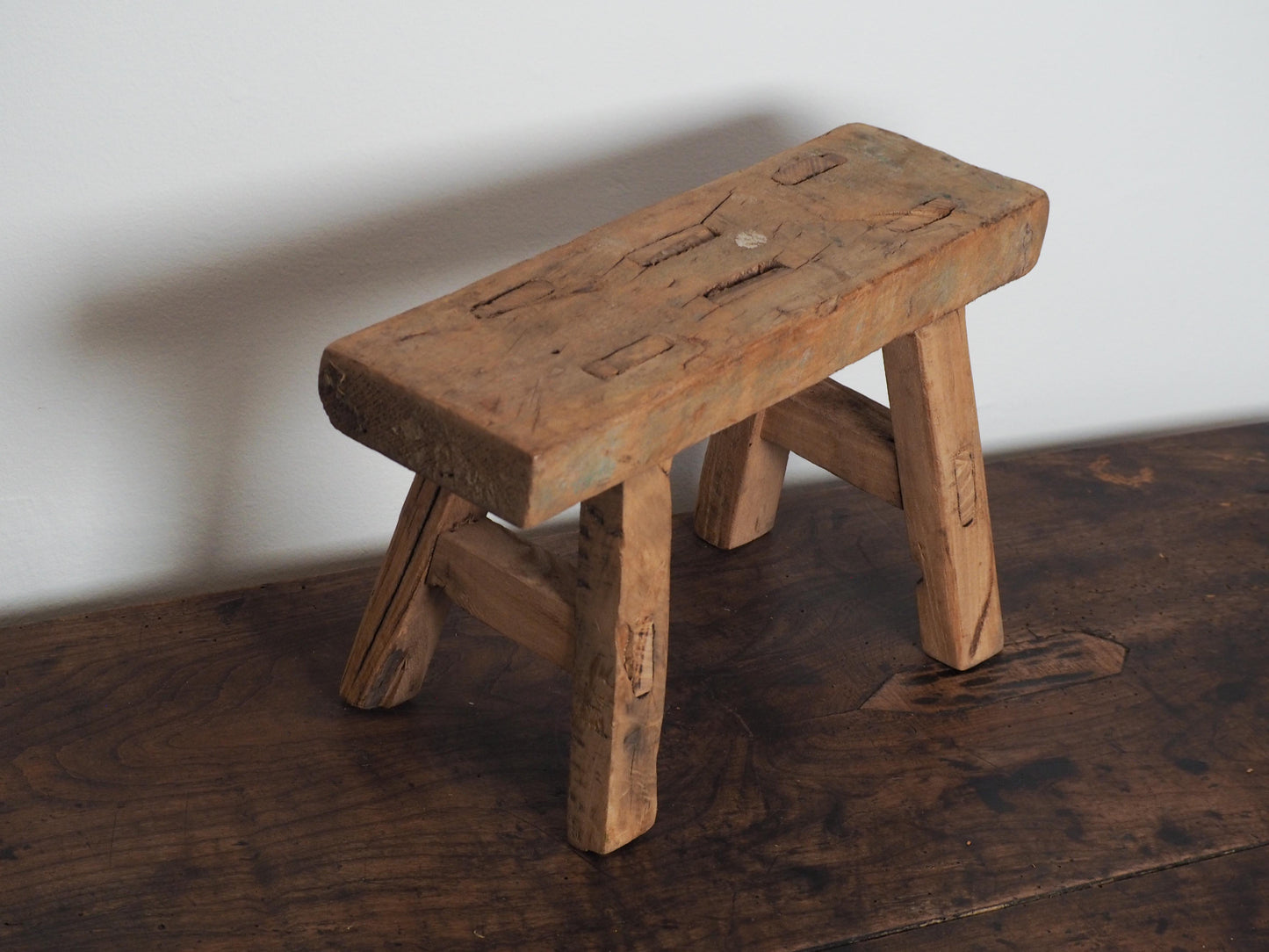 Antique Vintage Small Elm Rustic Wooden Farmhouse Stool / Milking Stool