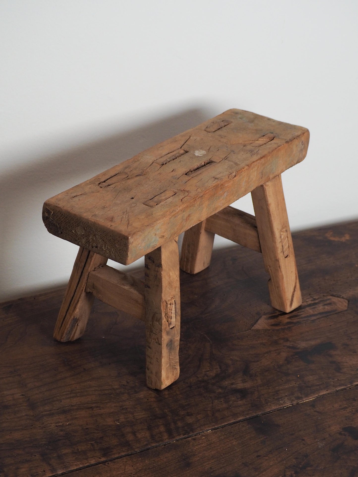 Antique Vintage Small Elm Rustic Wooden Farmhouse Stool / Milking Stool