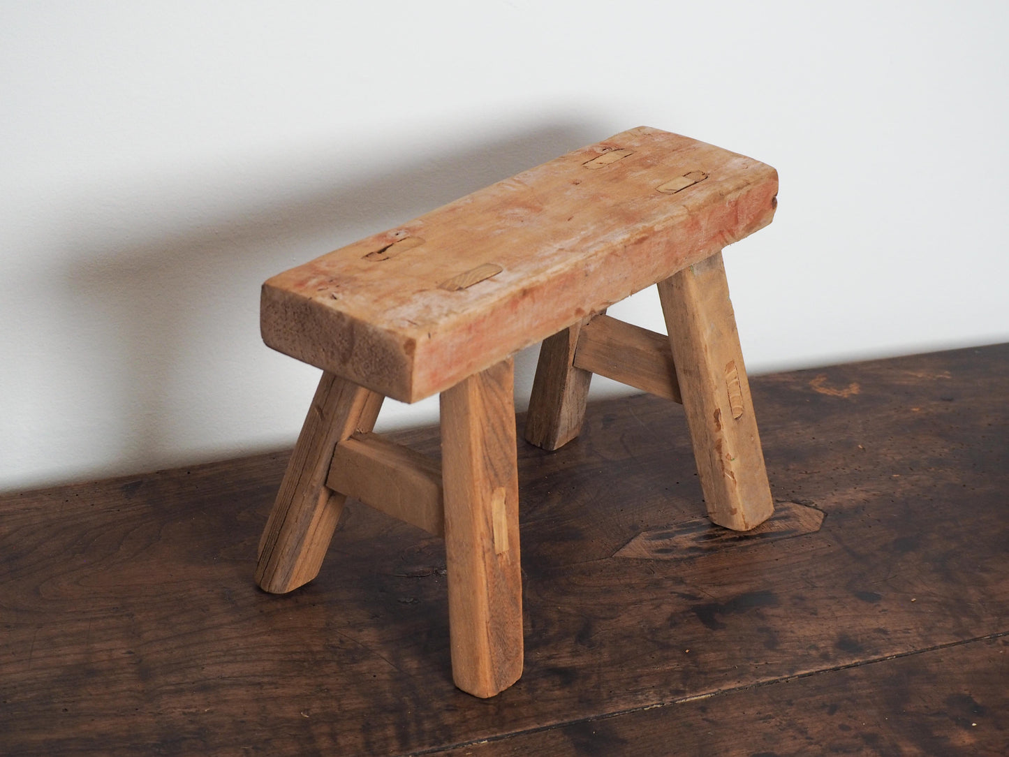 Antique Vintage Small Elm Rustic Wooden Farmhouse Stool / Milking Stool