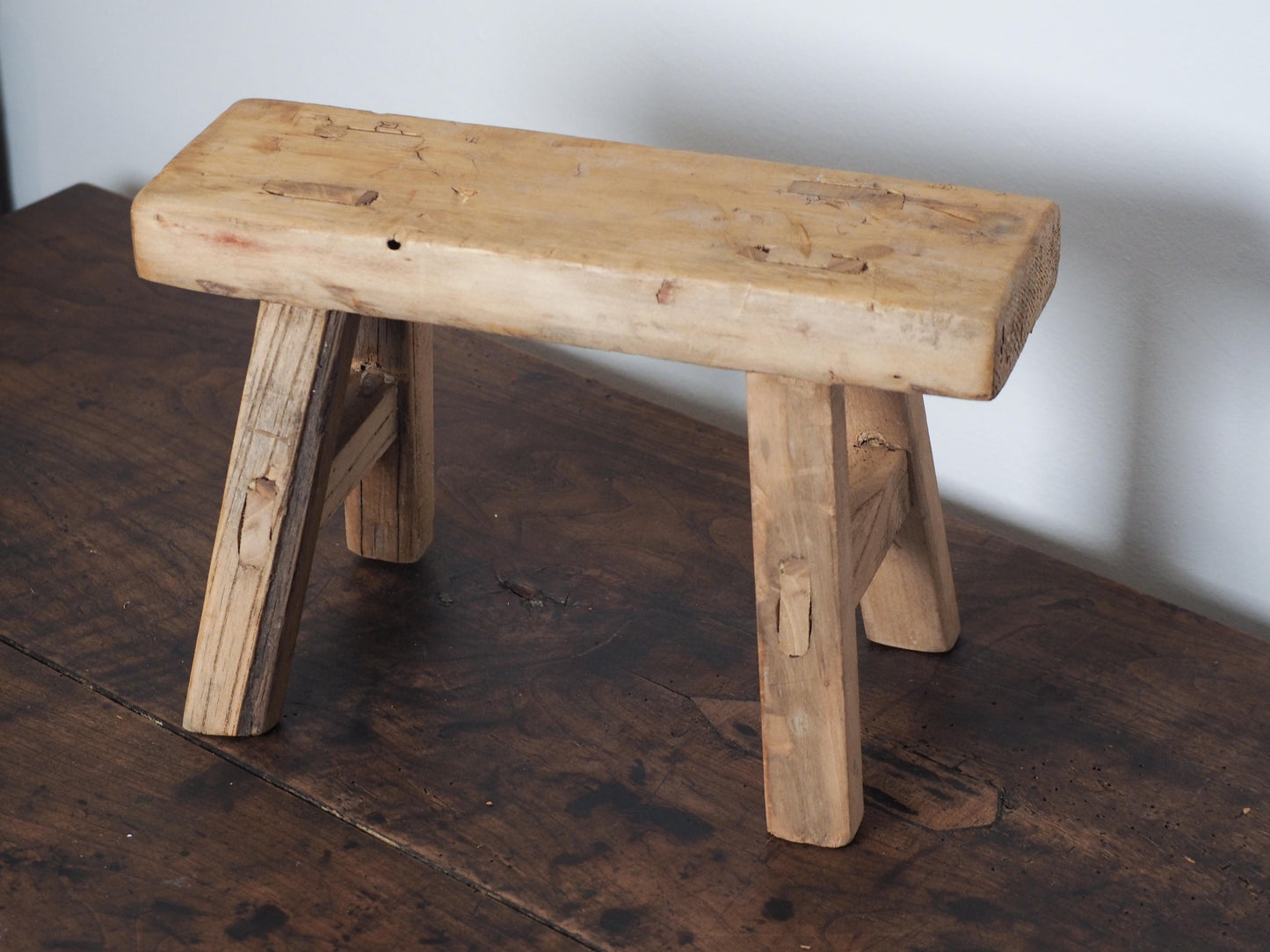 Antique Vintage Small Elm Rustic Wooden Farmhouse Stool / Milking Stool