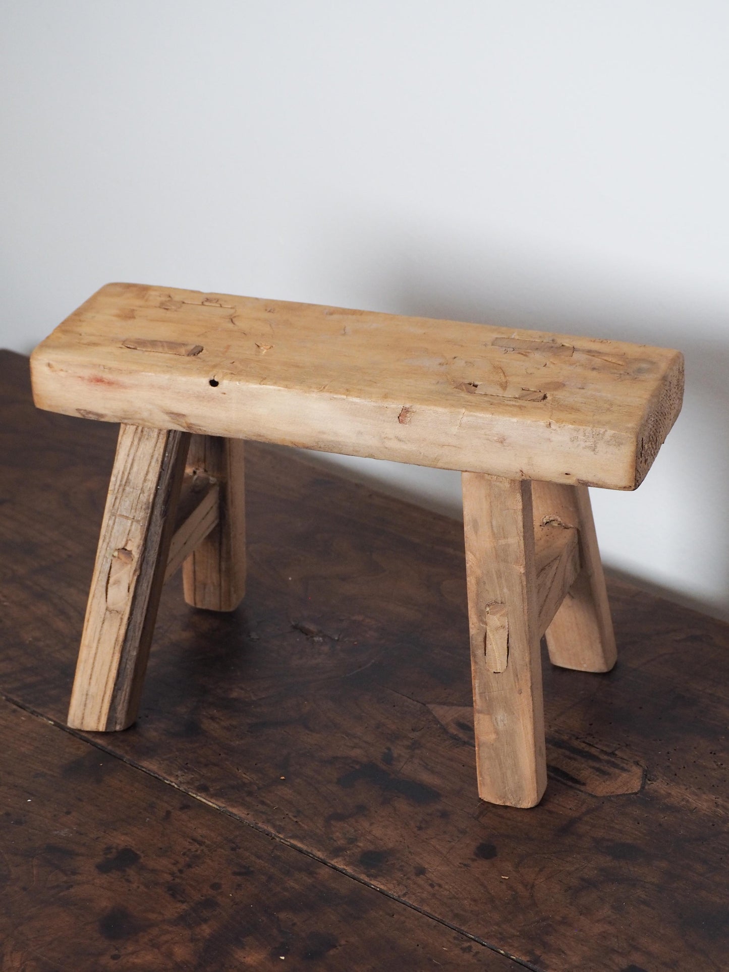 Antique Vintage Small Elm Rustic Wooden Farmhouse Stool / Milking Stool