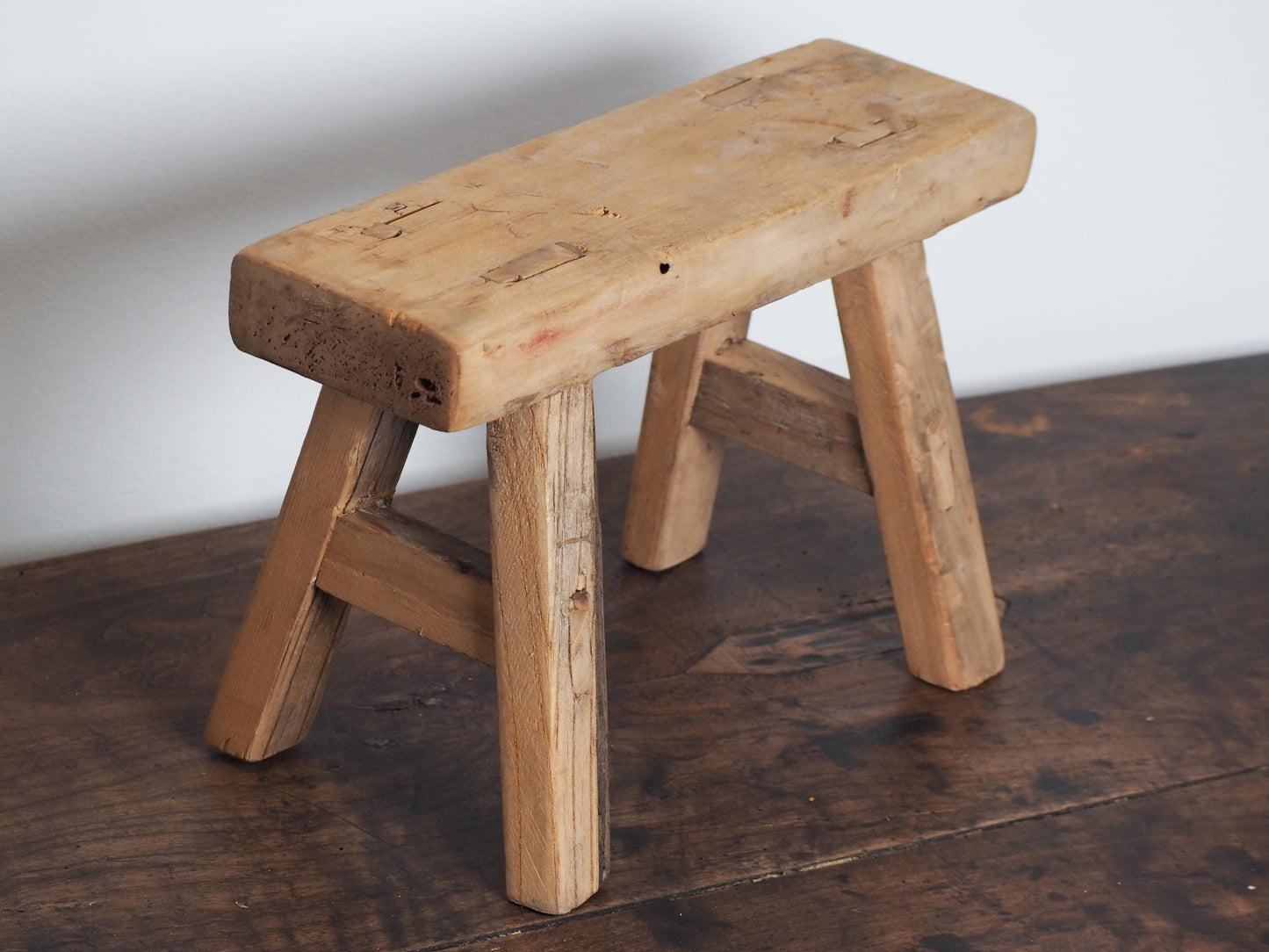 Antique Vintage Small Elm Rustic Wooden Farmhouse Stool / Milking Stool