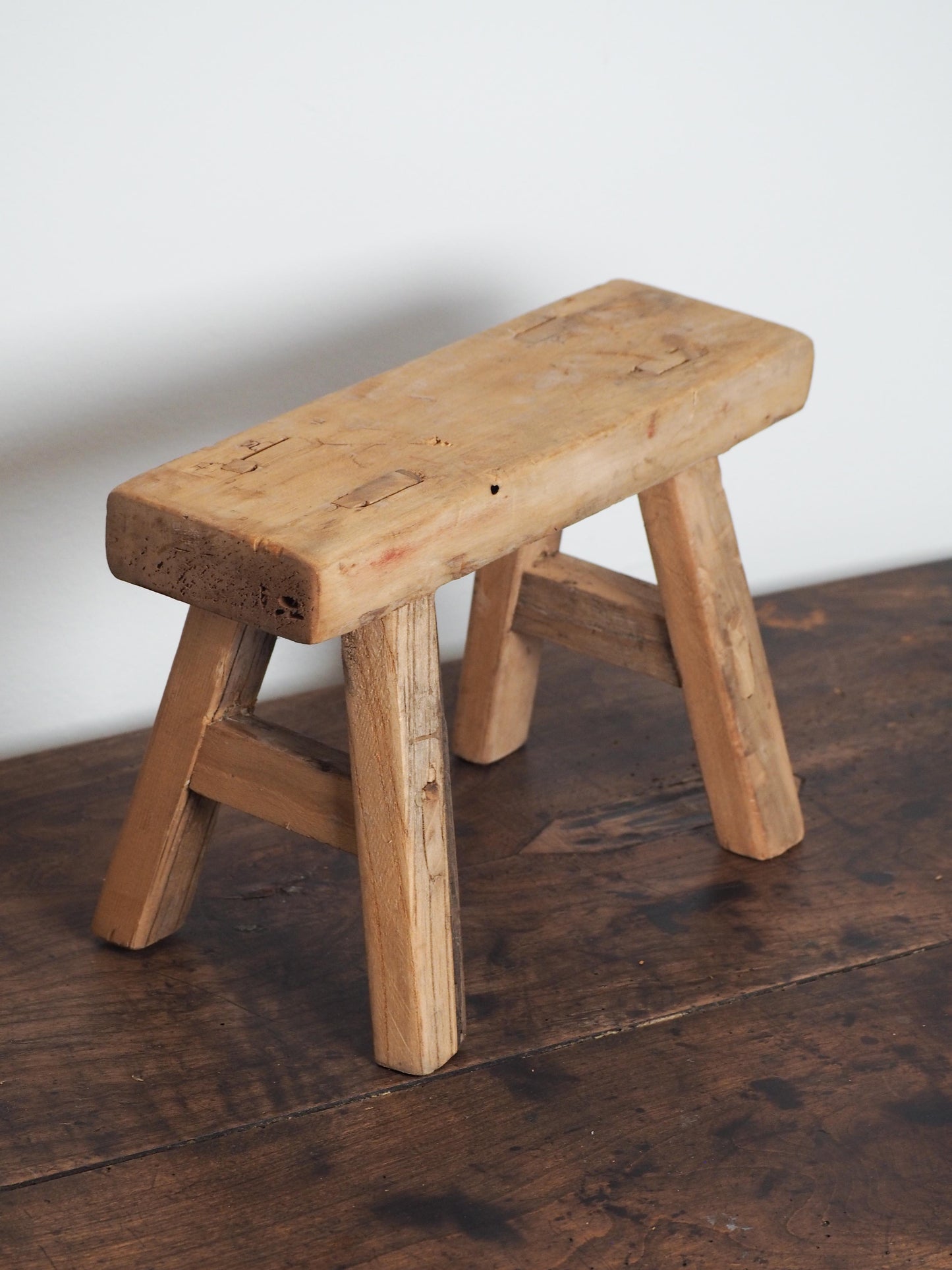 Antique Vintage Small Elm Rustic Wooden Farmhouse Stool / Milking Stool