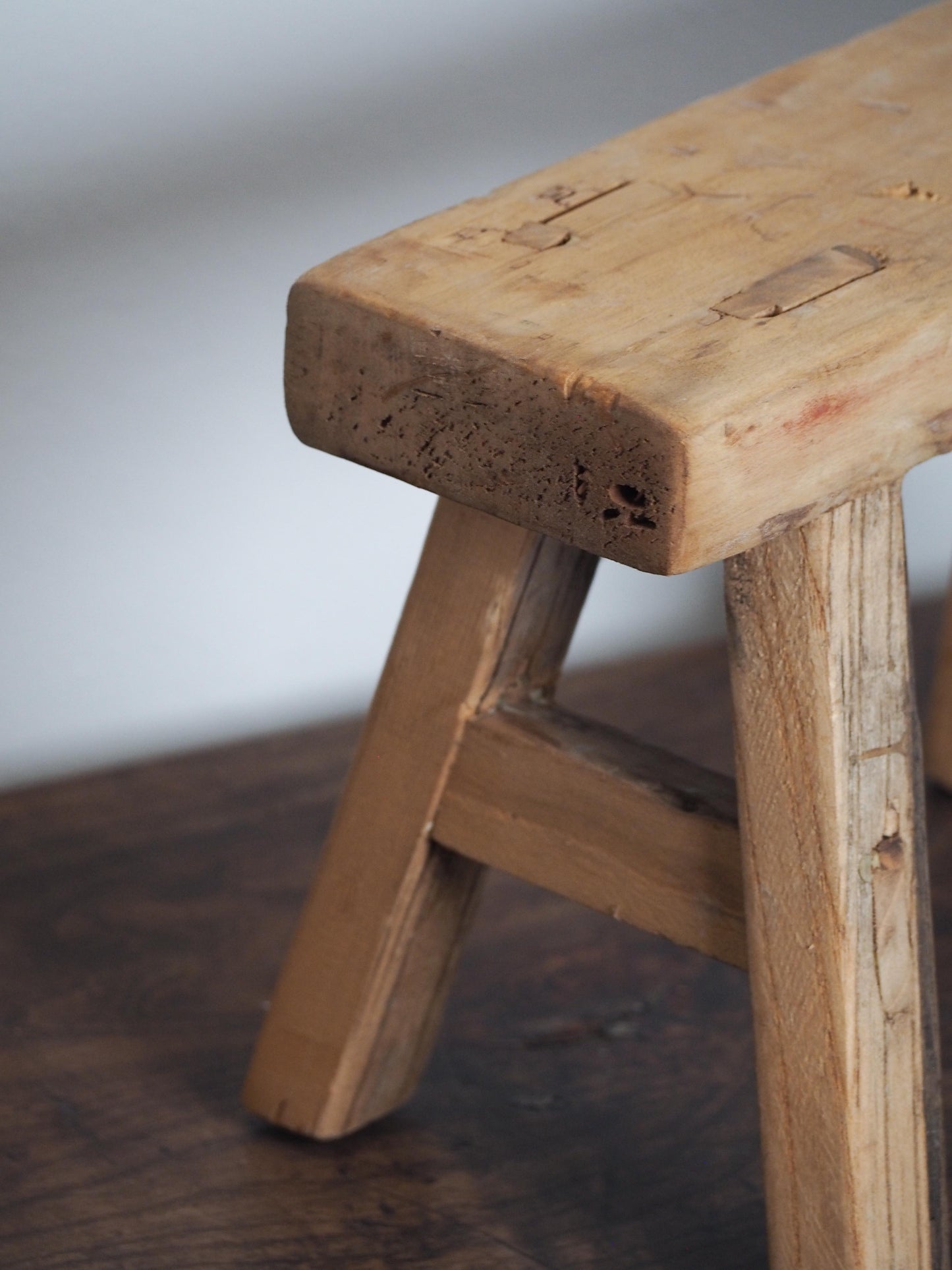 Antique Vintage Small Elm Rustic Wooden Farmhouse Stool / Milking Stool