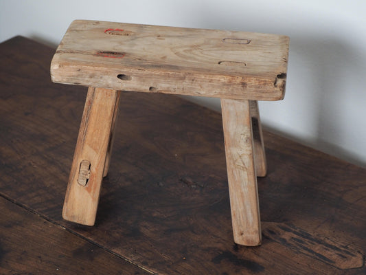 Antique Vintage Small Elm Rustic Wooden Farmhouse Stool / Milking Stool