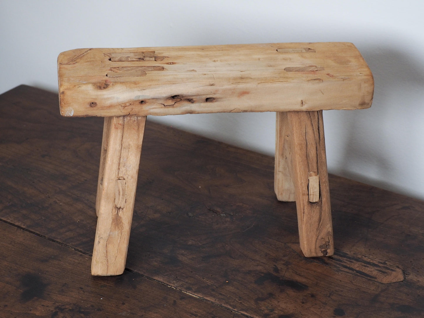 Antique Vintage Small Elm Rustic Wooden Farmhouse Stool / Milking Stool