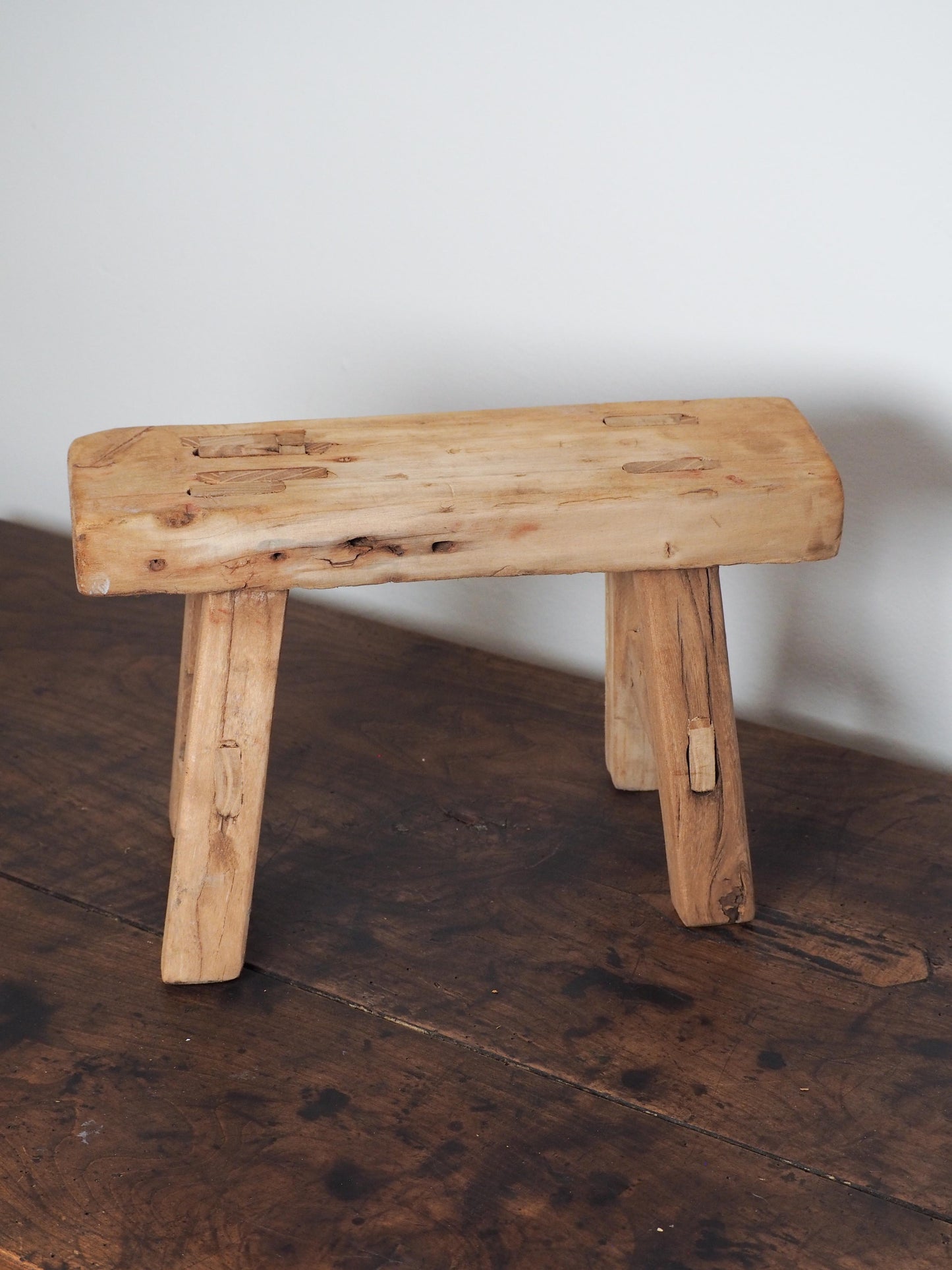 Antique Vintage Small Elm Rustic Wooden Farmhouse Stool / Milking Stool