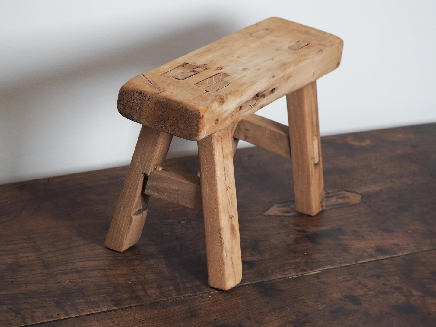 Antique Vintage Small Elm Rustic Wooden Farmhouse Stool / Milking Stool