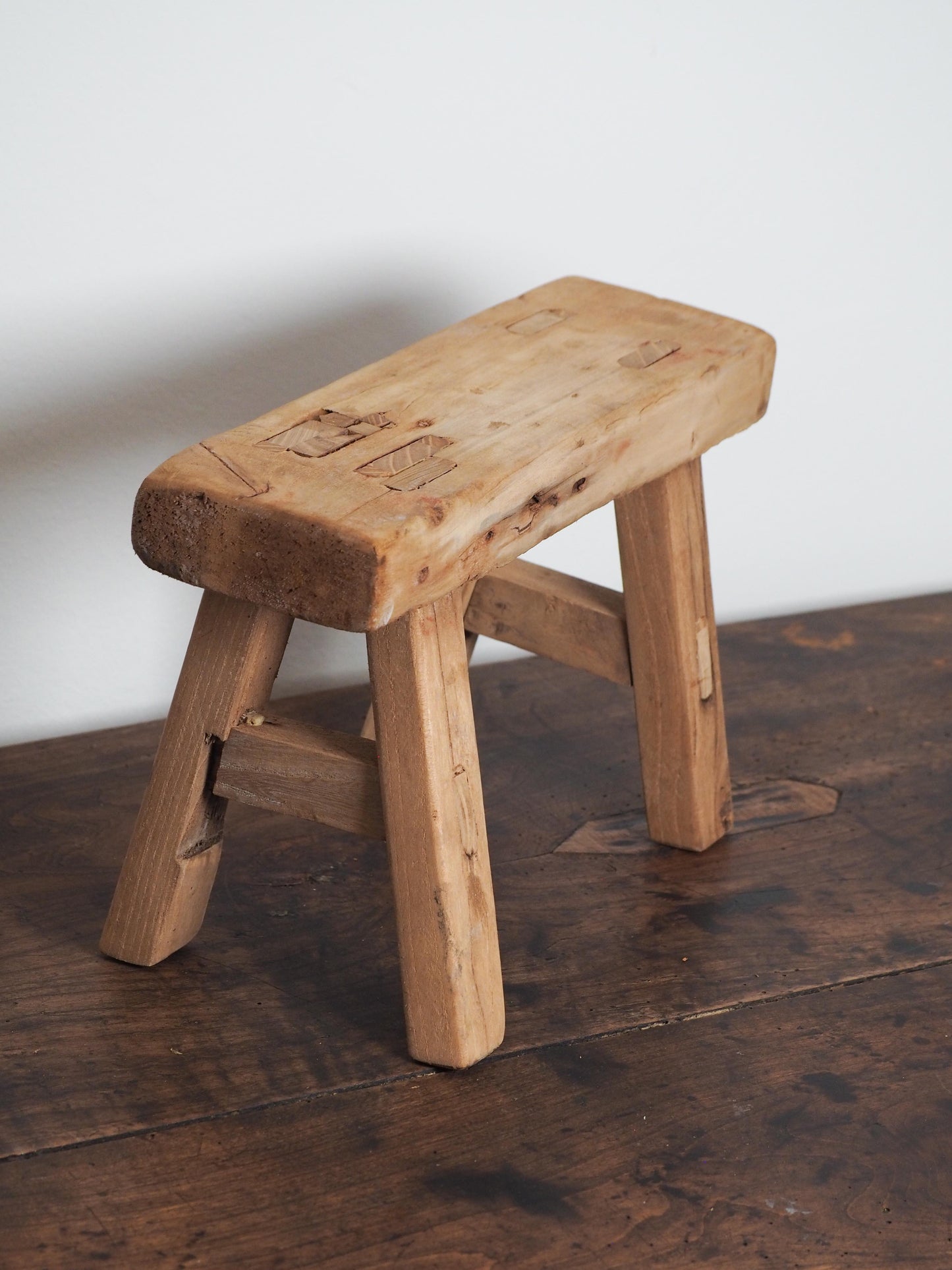 Antique Vintage Small Elm Rustic Wooden Farmhouse Stool / Milking Stool