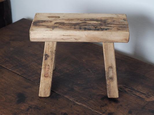 Antique Vintage Small Elm Rustic Wooden Farmhouse Stool / Milking Stool