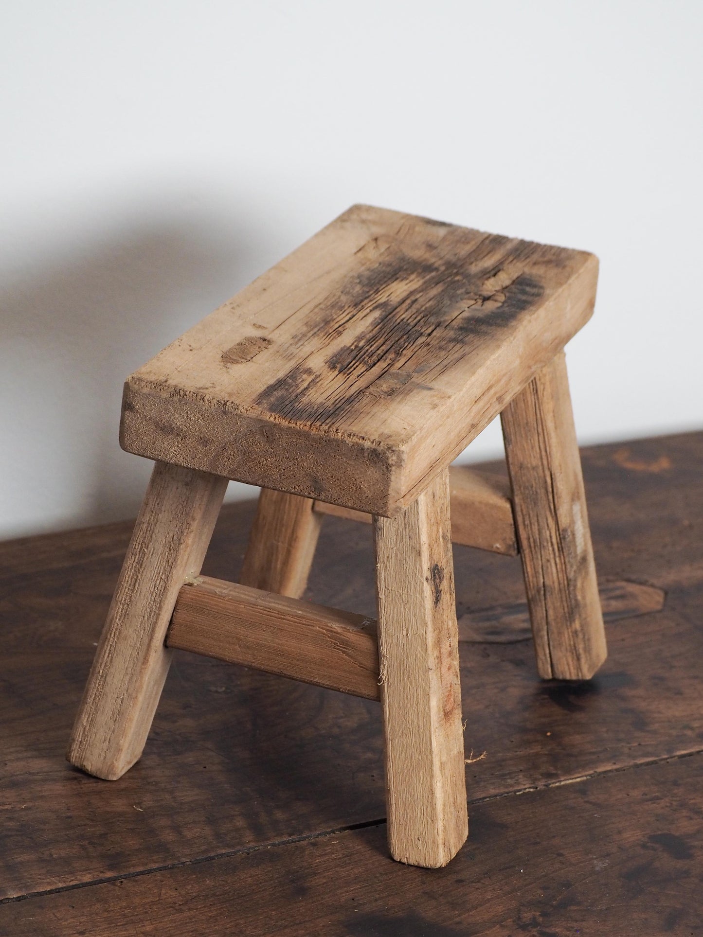Antique Vintage Small Elm Rustic Wooden Farmhouse Stool / Milking Stool