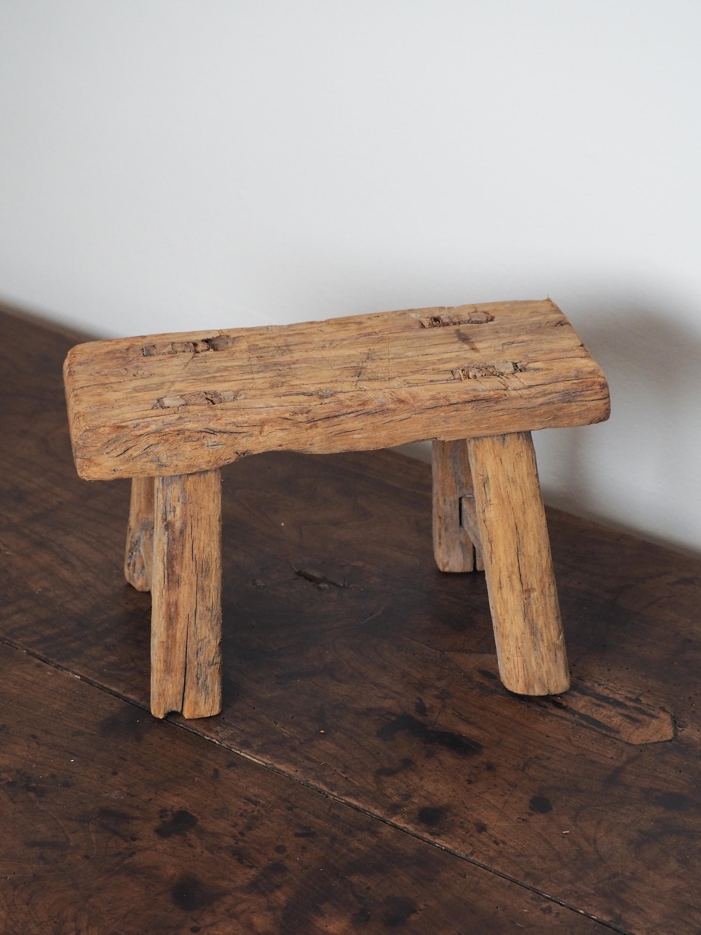 Antique Vintage Small Elm Rustic Wooden Farmhouse Stool / Milking Stool
