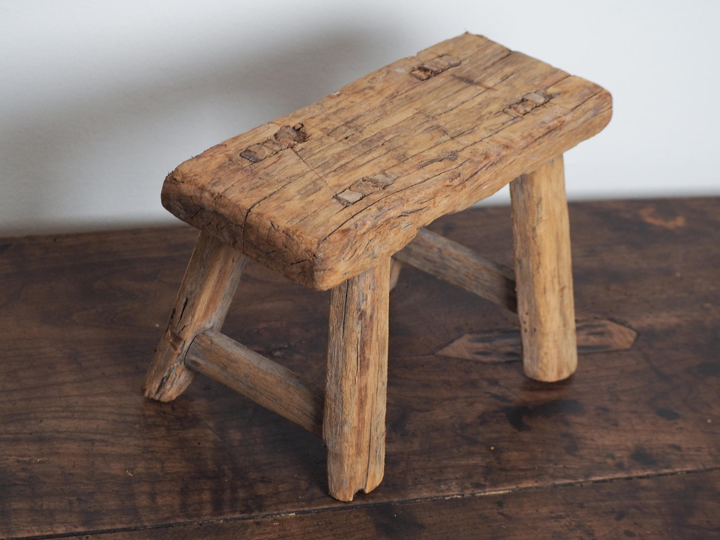 Antique Vintage Small Elm Rustic Wooden Farmhouse Stool / Milking Stool