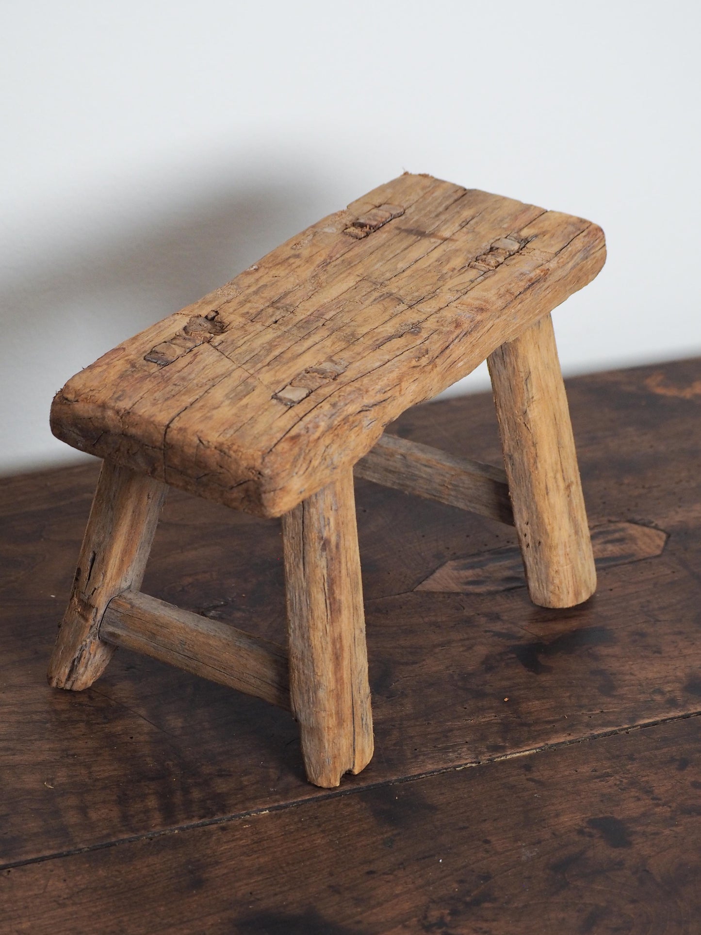 Antique Vintage Small Elm Rustic Wooden Farmhouse Stool / Milking Stool