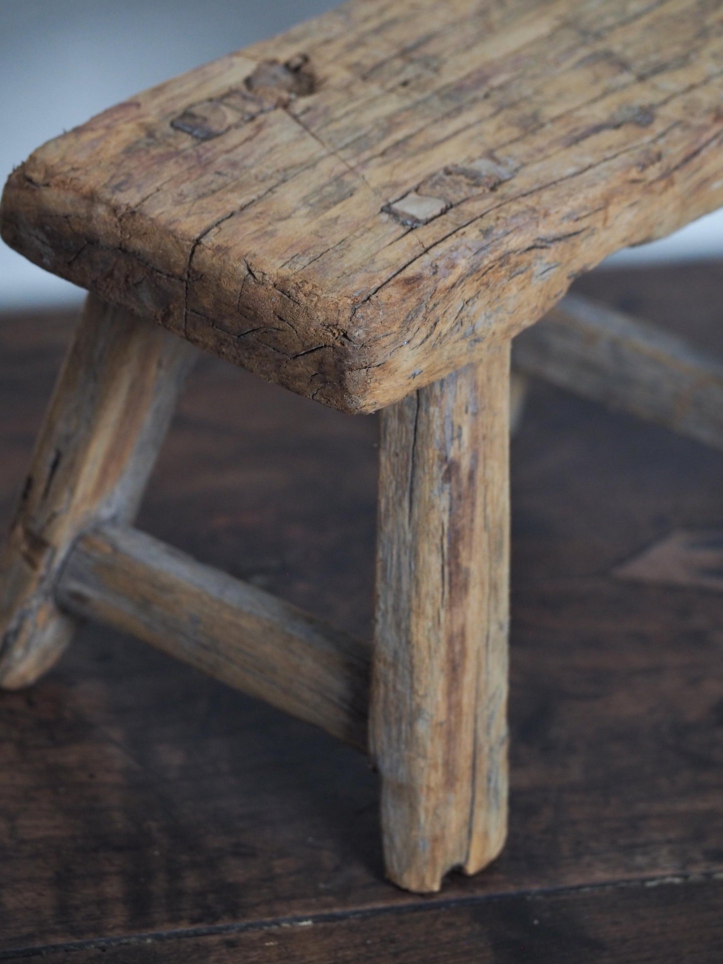 Antique Vintage Small Elm Rustic Wooden Farmhouse Stool / Milking Stool