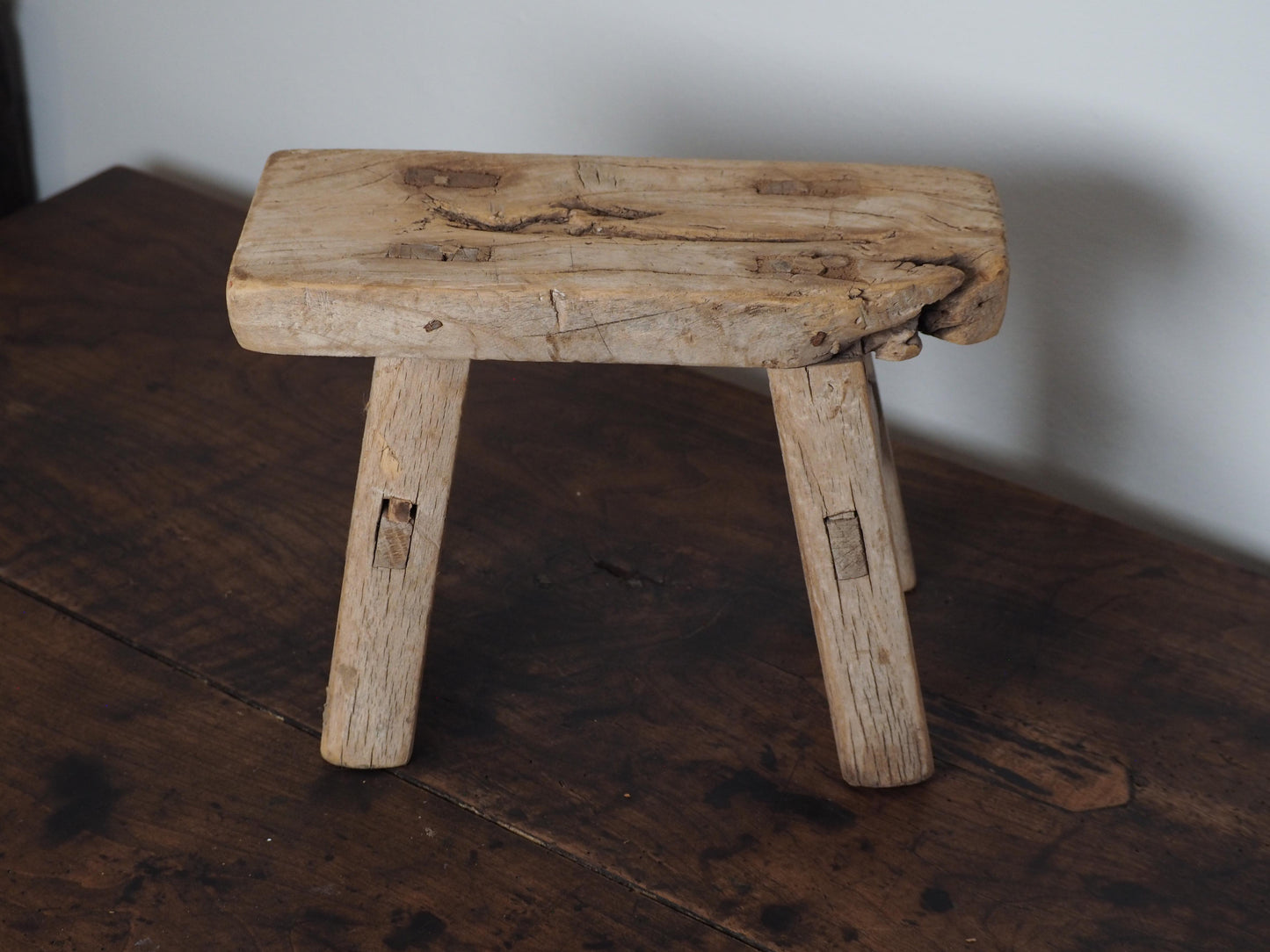 Antique Vintage Small Elm Rustic Wooden Farmhouse Stool / Milking Stool