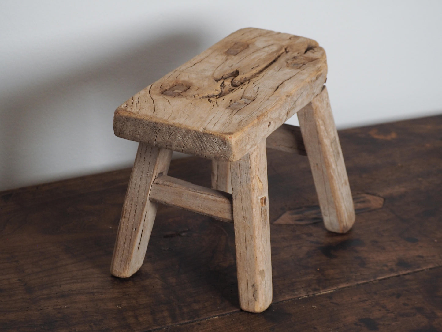 Antique Vintage Small Elm Rustic Wooden Farmhouse Stool / Milking Stool