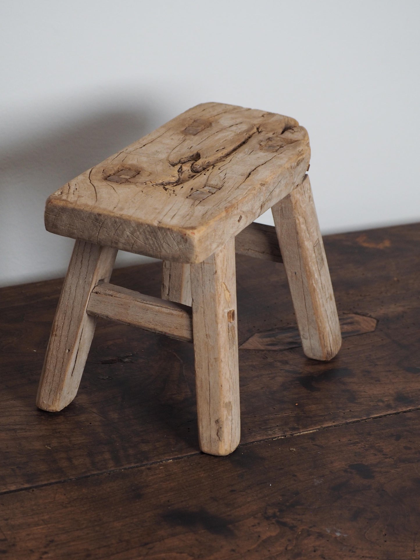Antique Vintage Small Elm Rustic Wooden Farmhouse Stool / Milking Stool