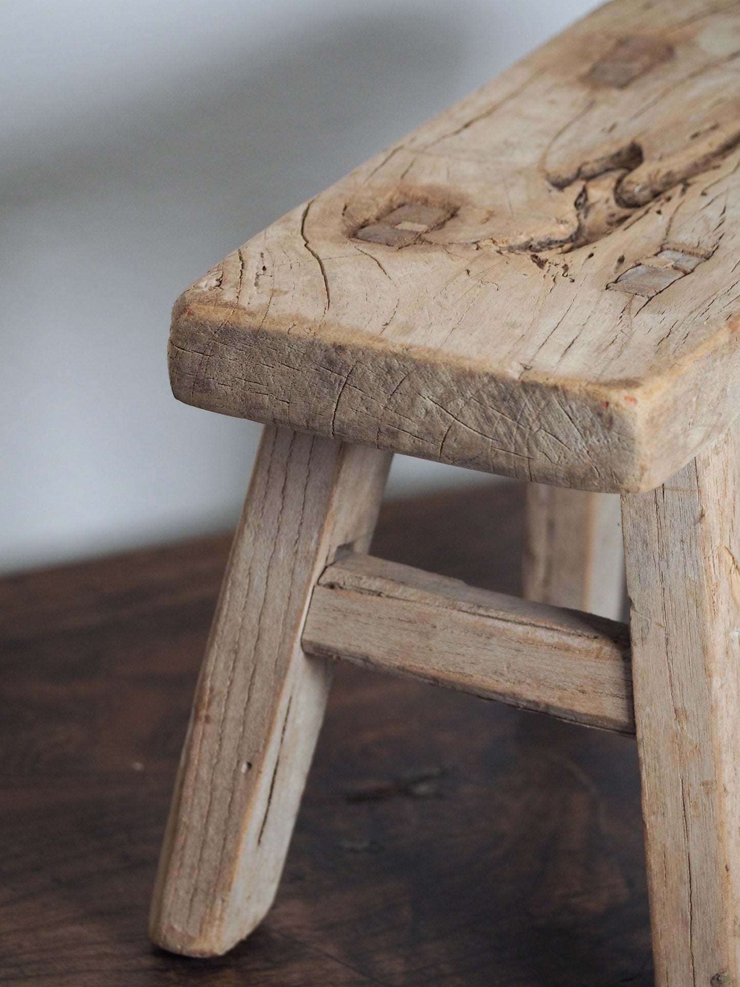 Antique Vintage Small Elm Rustic Wooden Farmhouse Stool / Milking Stool
