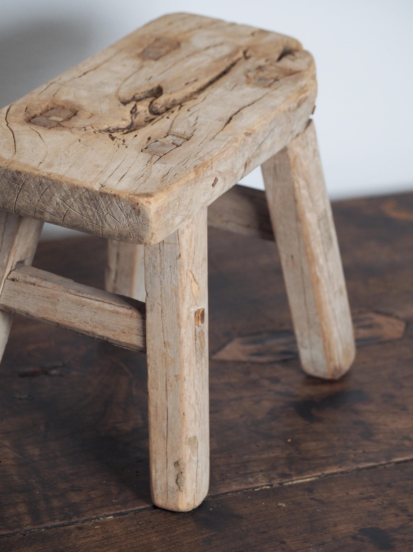 Antique Vintage Small Elm Rustic Wooden Farmhouse Stool / Milking Stool