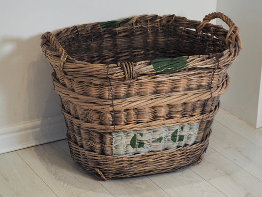 Vintage Antique Wicker Large Mill Log Basket With Handles / Hand-Painted Letter Detailing / Decorative Fire Storage