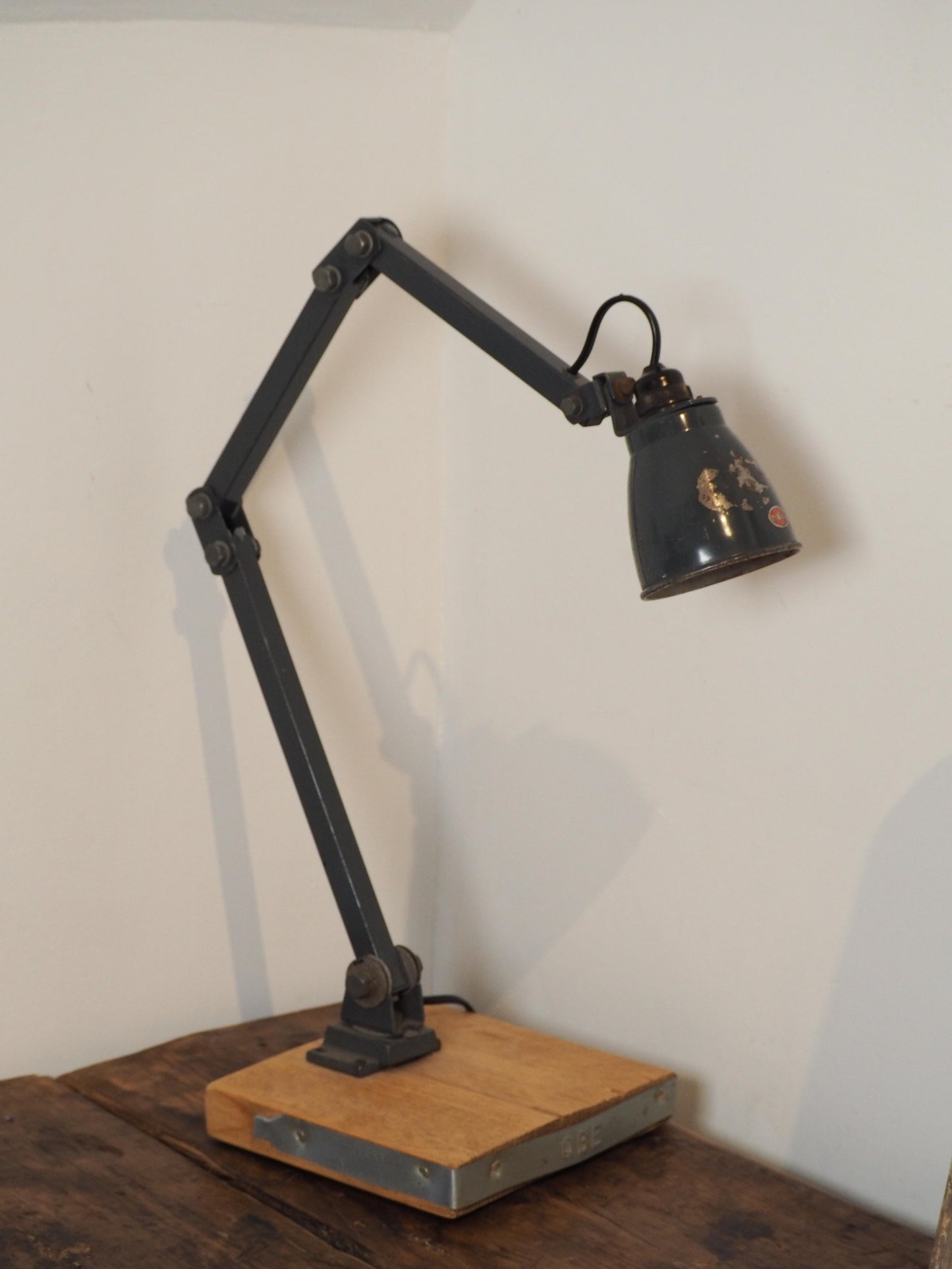 Vintage Black Industrial 'MEM' Angle-Poise Style Lamp on Solid Wooden Base