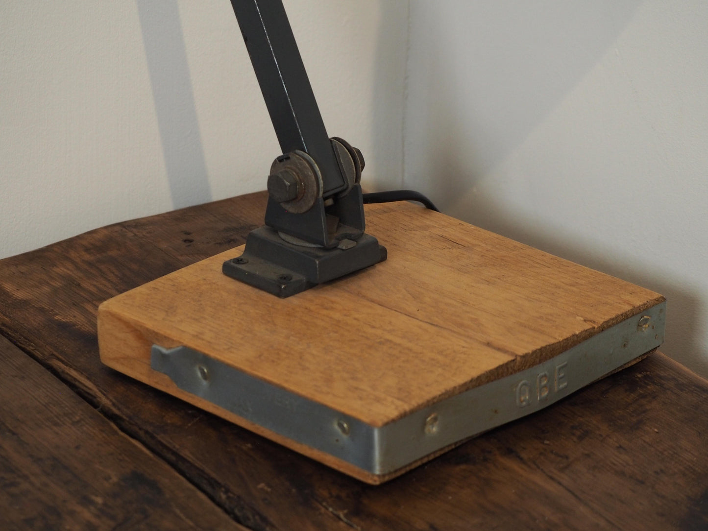 Vintage Black Industrial 'MEM' Angle-Poise Style Lamp on Solid Wooden Base