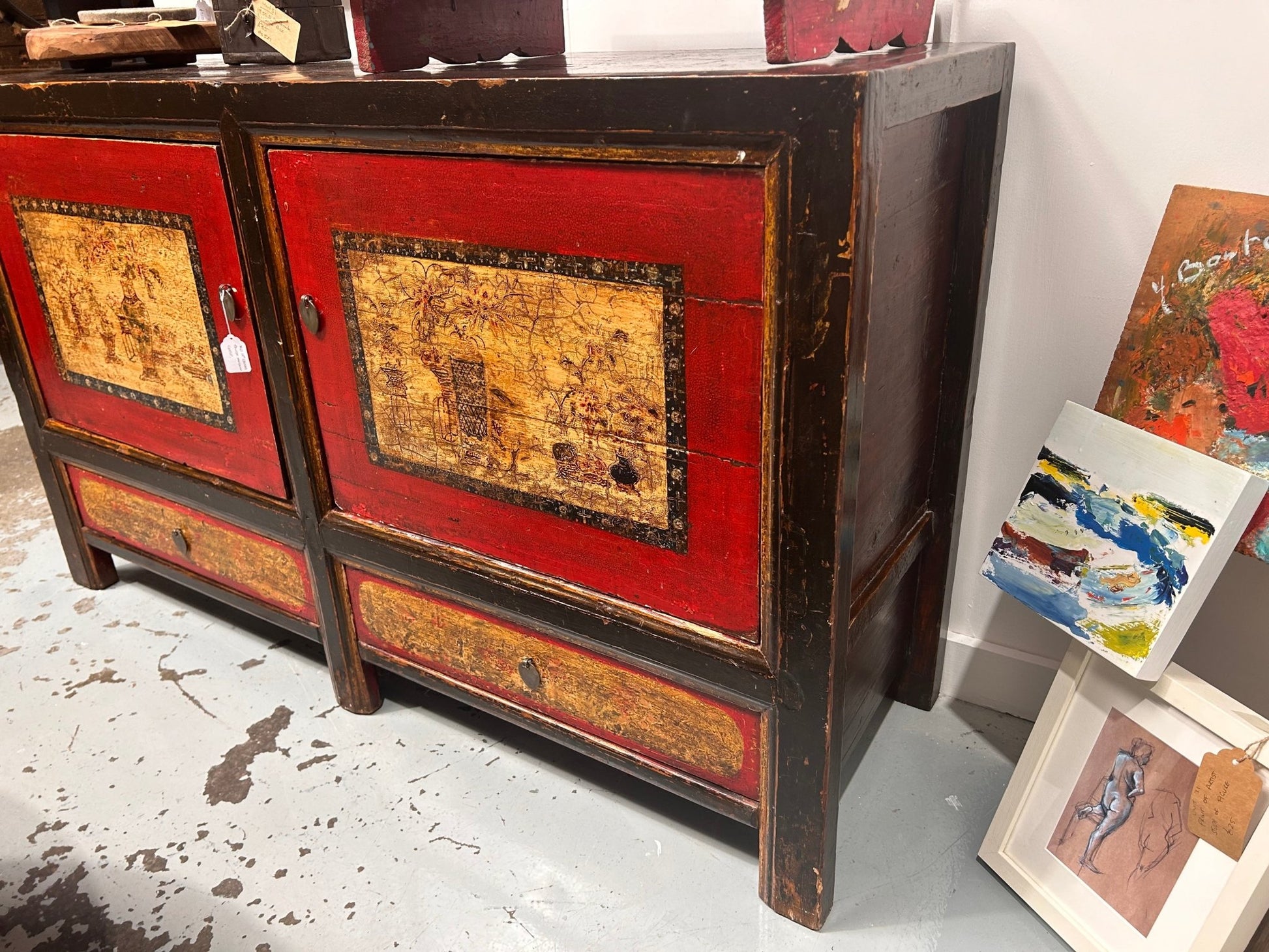 Antique Mongolian Elm Brightly Painted Two Door Two Drawer CabinetDust CollectorsDust Collectors