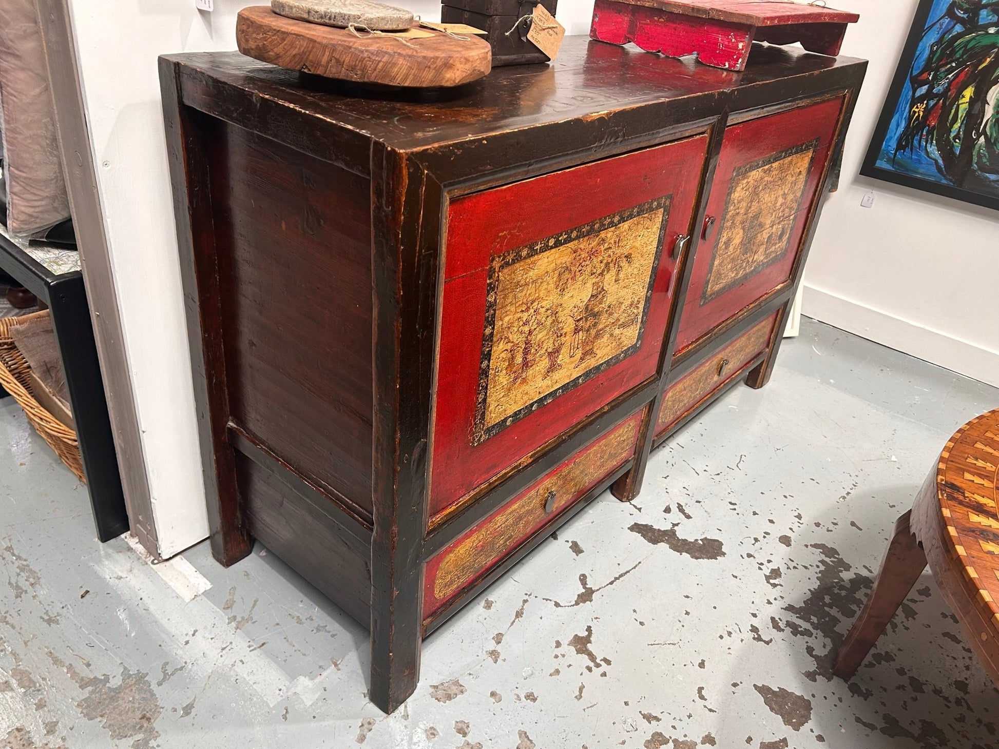 Antique Mongolian Elm Brightly Painted Two Door Two Drawer CabinetDust CollectorsDust Collectors