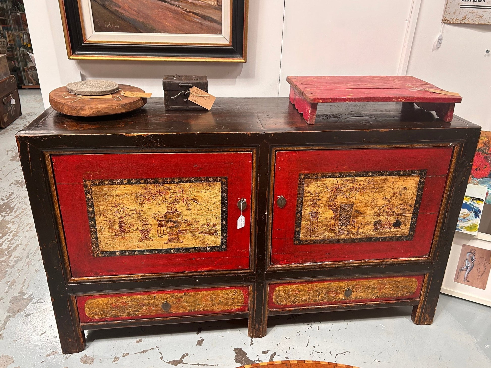 Antique Mongolian Elm Brightly Painted Two Door Two Drawer CabinetDust CollectorsDust Collectors