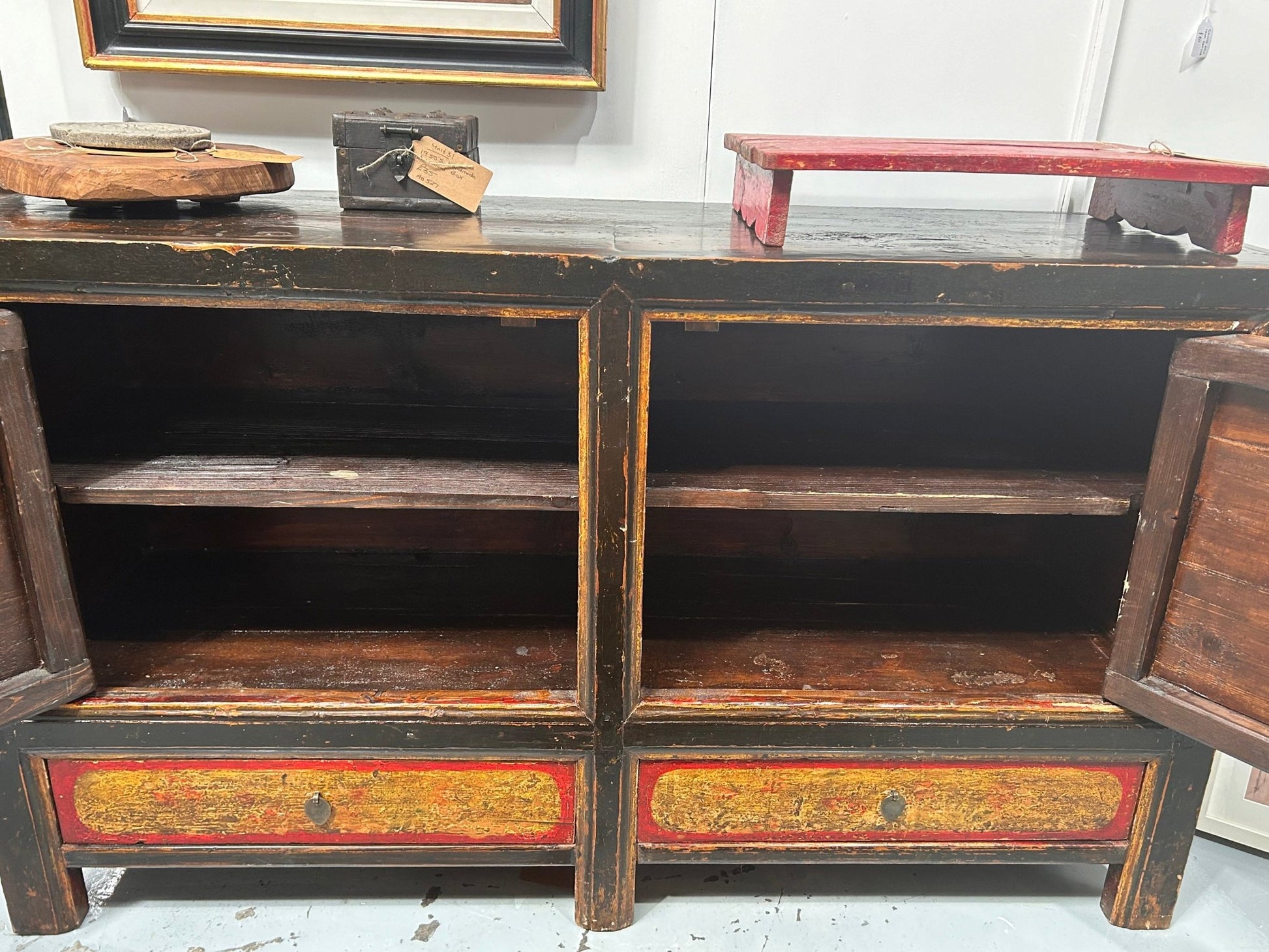 Antique Mongolian Elm Brightly Painted Two Door Two Drawer CabinetDust CollectorsDust Collectors