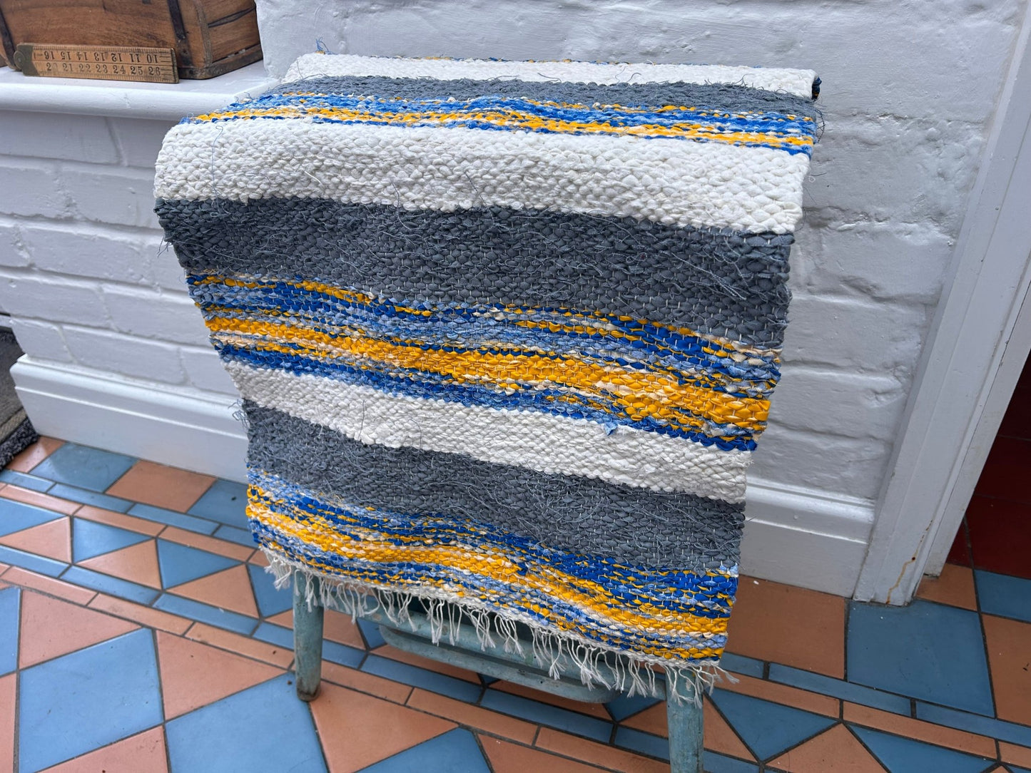 Handwoven Colourful Small Rug / Bath Mat Yellow, Blue, Grey & White StripedDust CollectorsDust Collectors