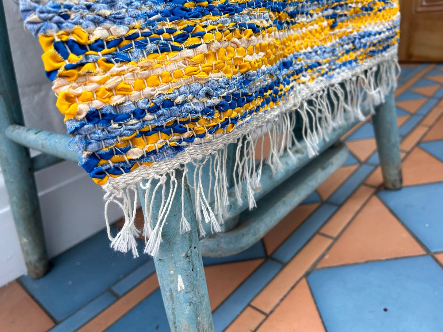 Handwoven Colourful Small Rug / Bath Mat Yellow, Blue, Grey & White StripedDust CollectorsDust Collectors