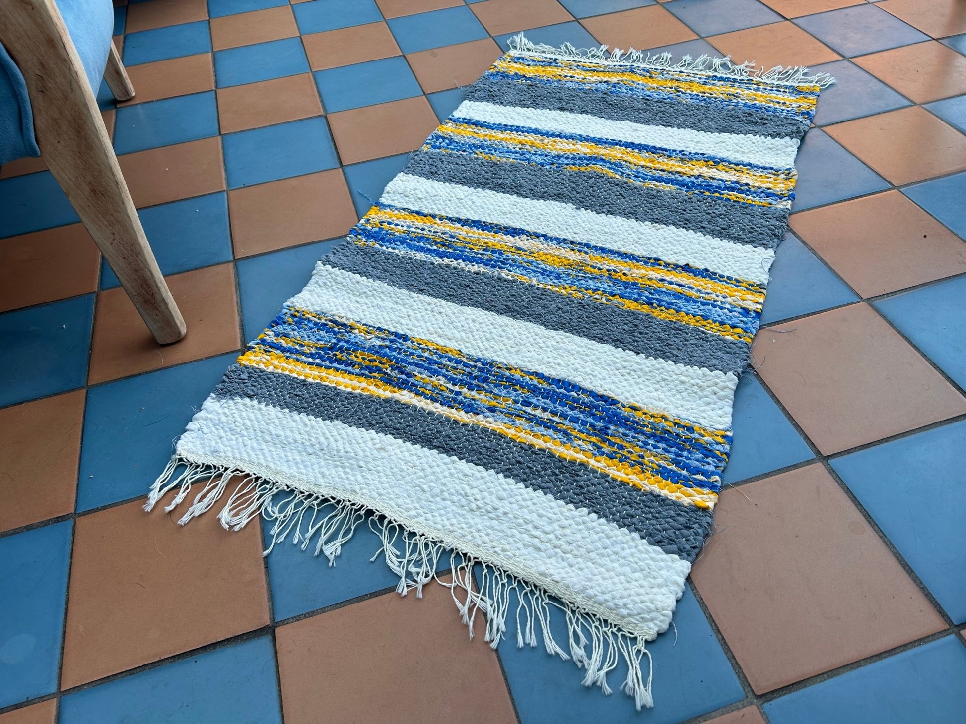 Handwoven Colourful Small Rug / Bath Mat Yellow, Blue, Grey & White StripedDust CollectorsDust Collectors