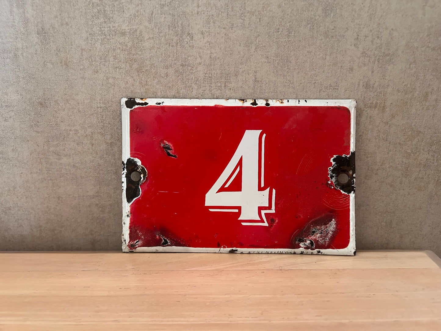 Vintage Antique Red White Enamel Number 4 Sign